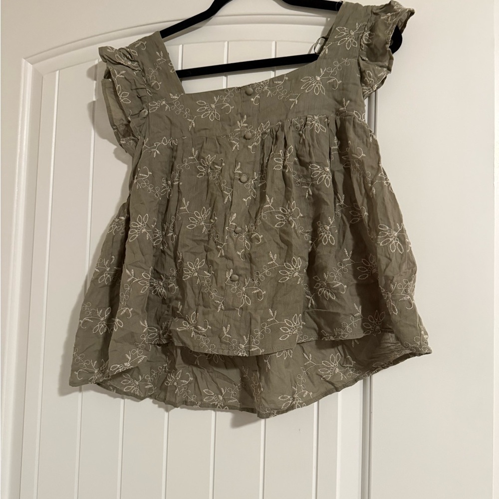 Floral Embroidered Olive Green Women's Top